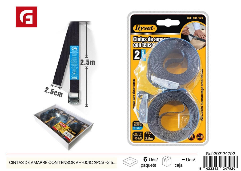 Cintas de amarre con tensor AH-001C 2pcs 2.5cm x 2.5m - Accesorios de coche