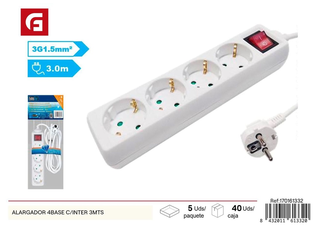 Alargador de 4 bases con interruptor 3 metros - Regletas de enchufes