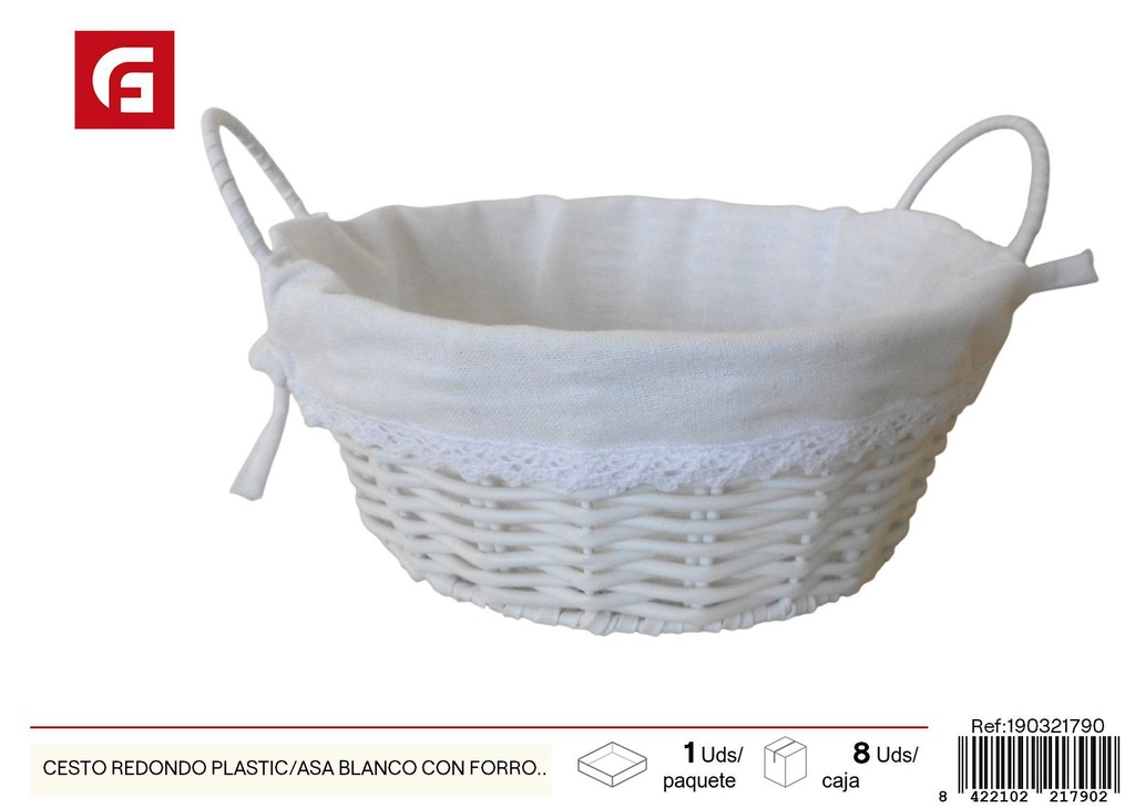 Cesto redondo plástico con asa blanca y forro blanco - Cestas de plástico decorativas