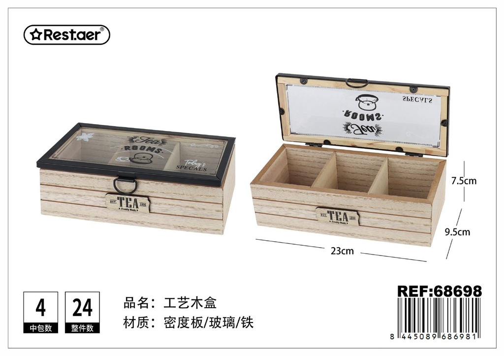 Caja de madera artesanal 3 compartimentos 23x9.5x7.5 cm - Almacenamiento decorativo