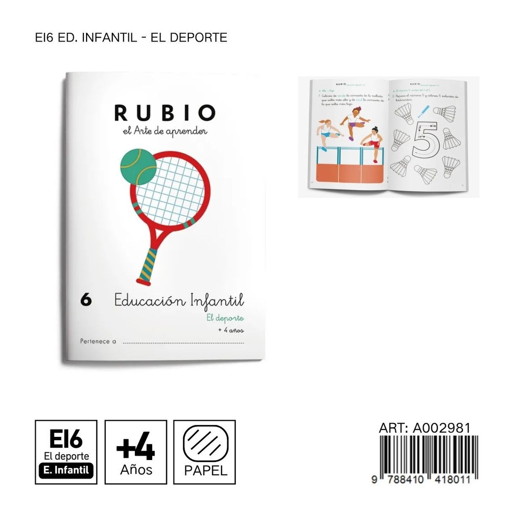 Cuaderno infantil RUBIO EI6 - Educación infantil sobre deportes