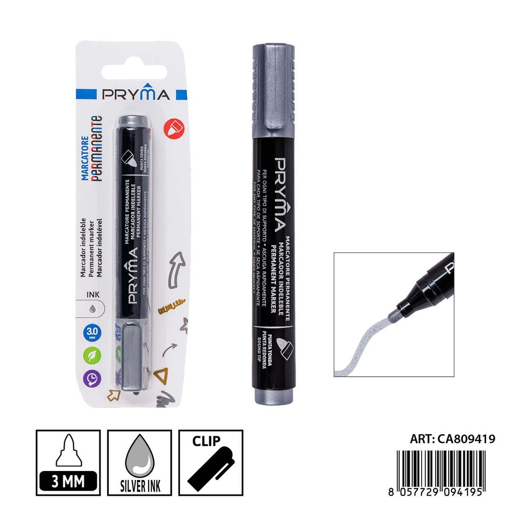 Marcador permanente plateado 2/3mm PRYMA - Escritura detallada y brillante