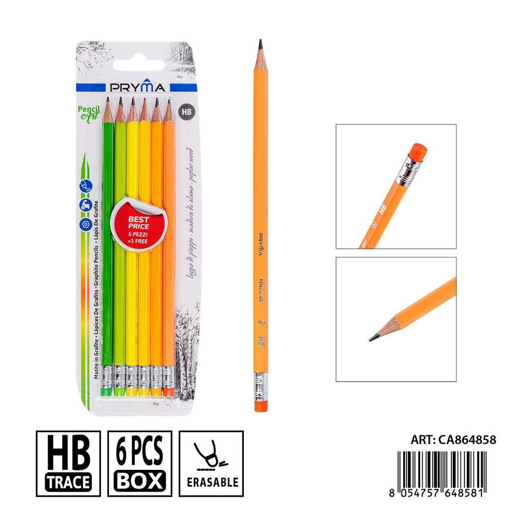 Lápiz de grafito HB con goma de borrar 5+1pzs - Herramienta de escritura básica