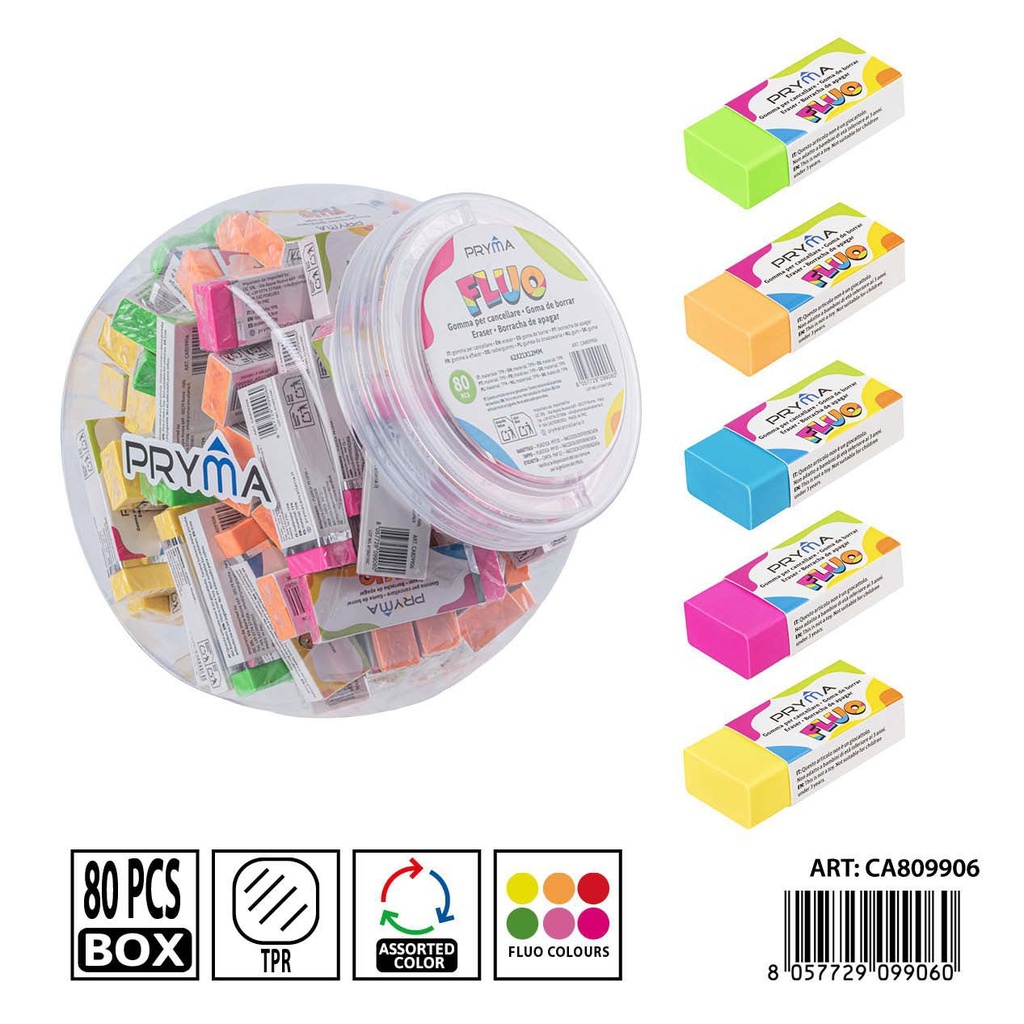 Gomas de borrar fluorescentes en envase de 80 piezas 62x21x12 mm - Papelería escolar