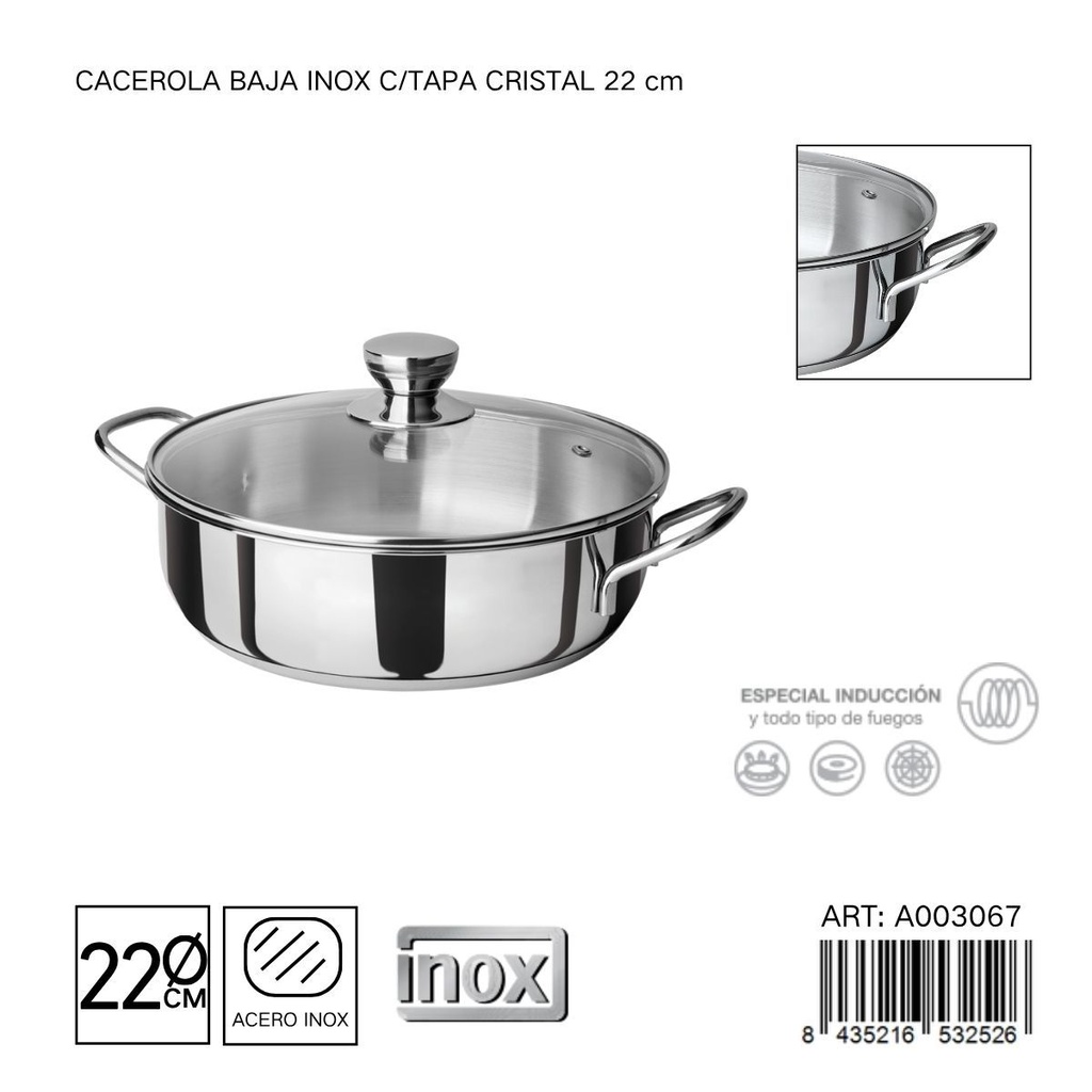 Cacerola baja de acero inoxidable con tapa de cristal 22 cm - Utensilios de cocina