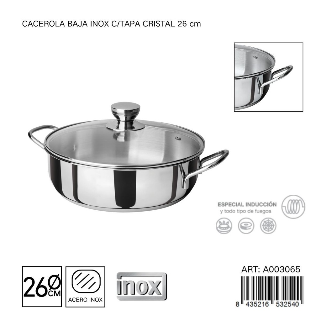 Cacerola baja de acero inoxidable con tapa 26 cm - Utensilios de cocina