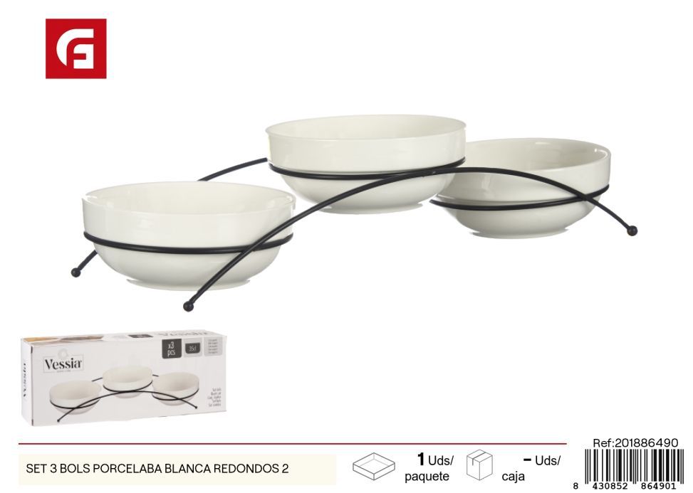Set de 3 boles de porcelana blanca redondos - Vajilla de vidrio y cerámica