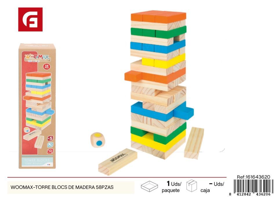 Torre de bloques de madera Woomax 58 piezas - Desarrollo y creatividad