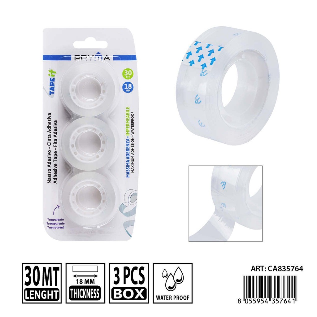 Cinta adhesiva transparente 18 mm x 30 m 3 piezas - Papelería escolar