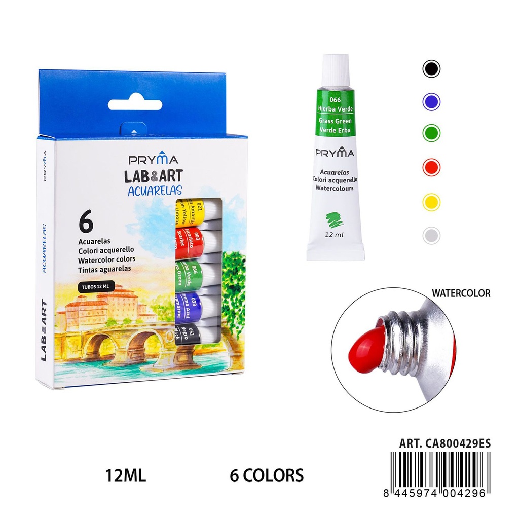 Pintura acuarela 6 piezas 12 ml - Materiales de arte