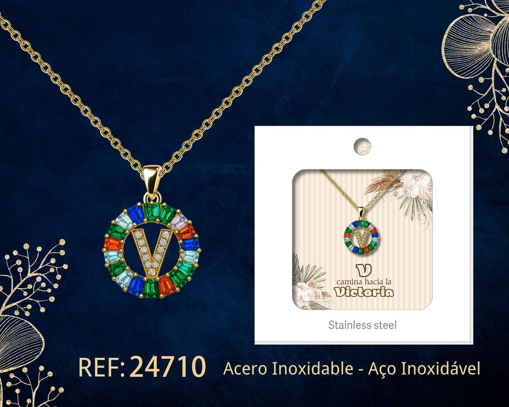 Colgante letra V chapado en oro de 14K con circonita - Joyería personalizable en oro