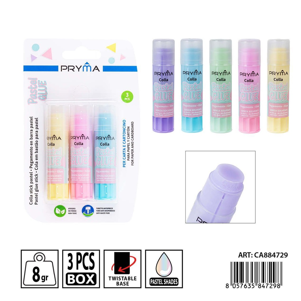 Pegamento en barra color macaron 8g 3 piezas - Utensilios de pegado escolar