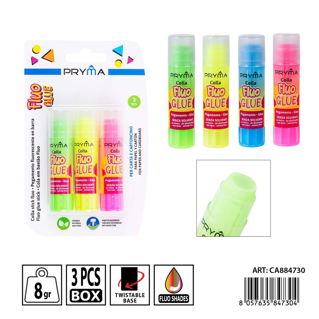 Pegamento en barra color fluorescente 8g 3 piezas - Utensilios de pegado escolar