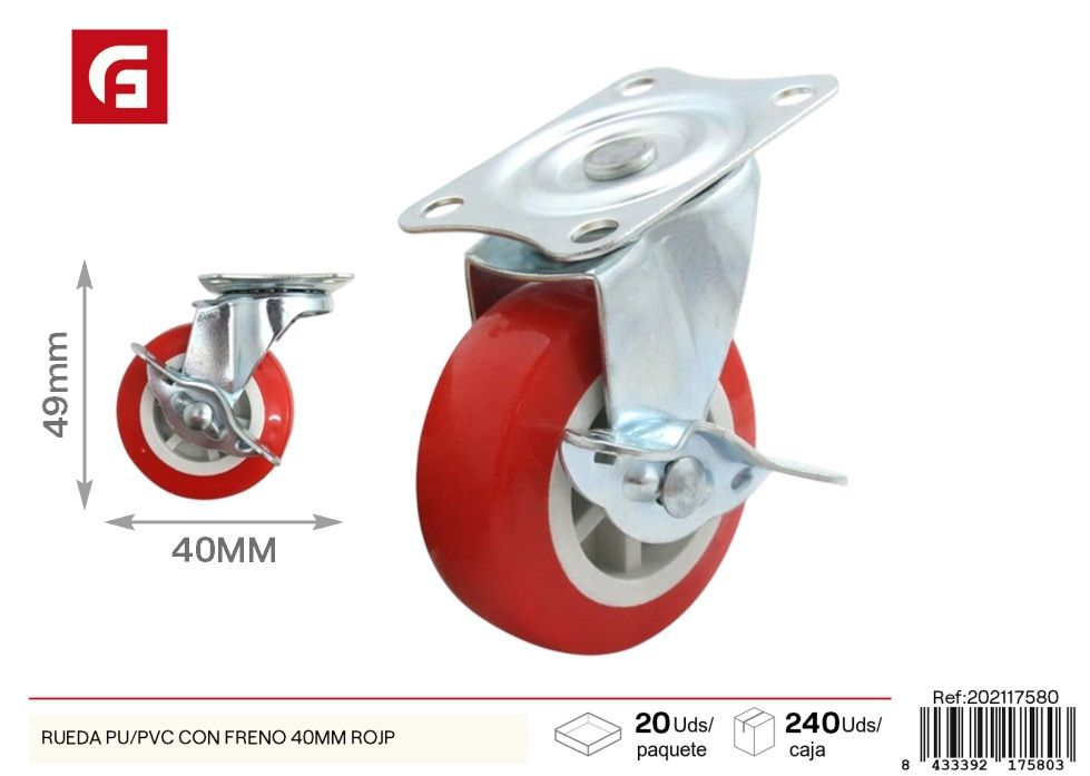 Rueda ligera con freno roja 40 mm - Accesorios de ferretería y ruedas
