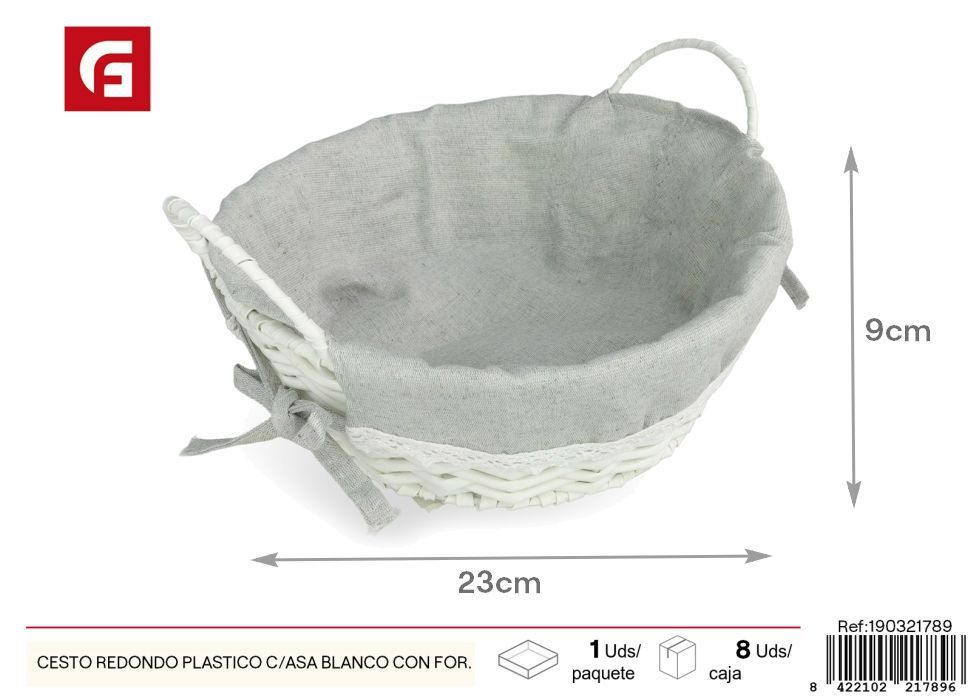 Cesto redondo plástico con asa blanca y forro gris - Decoración para el hogar y almacenamiento