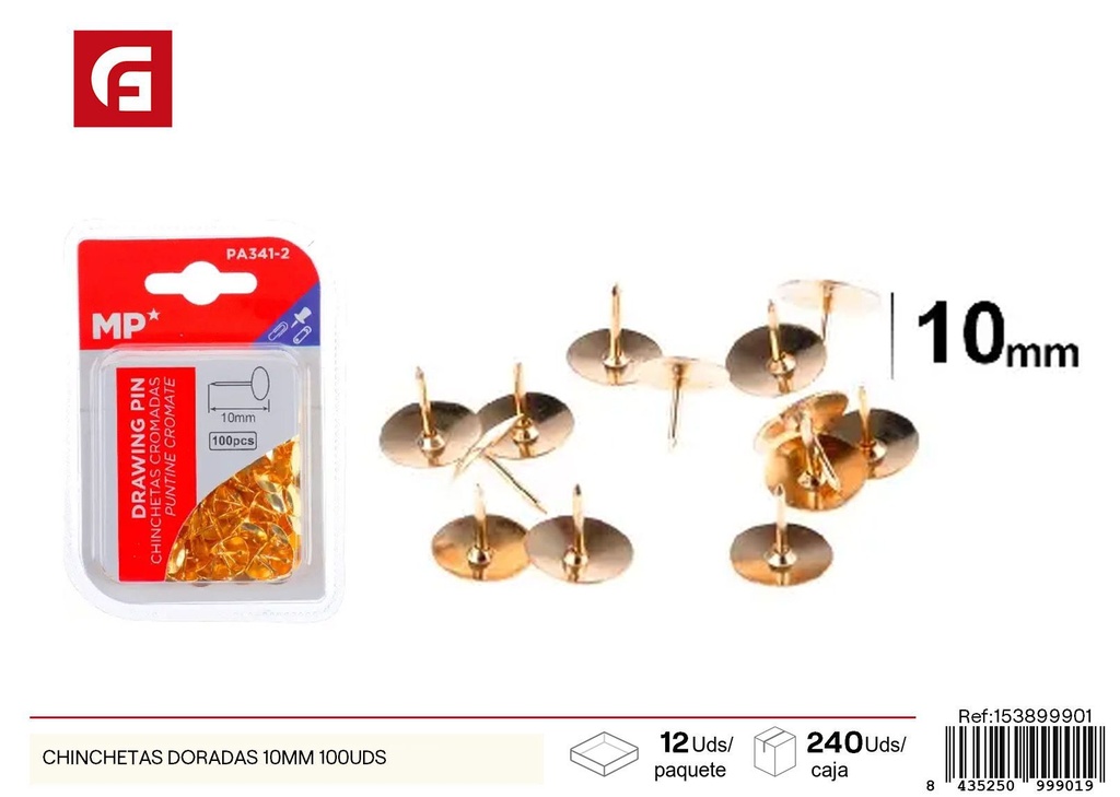 Chinchetas doradas de 10 mm (paquete de 100 unidades) - Material de oficina y papelería