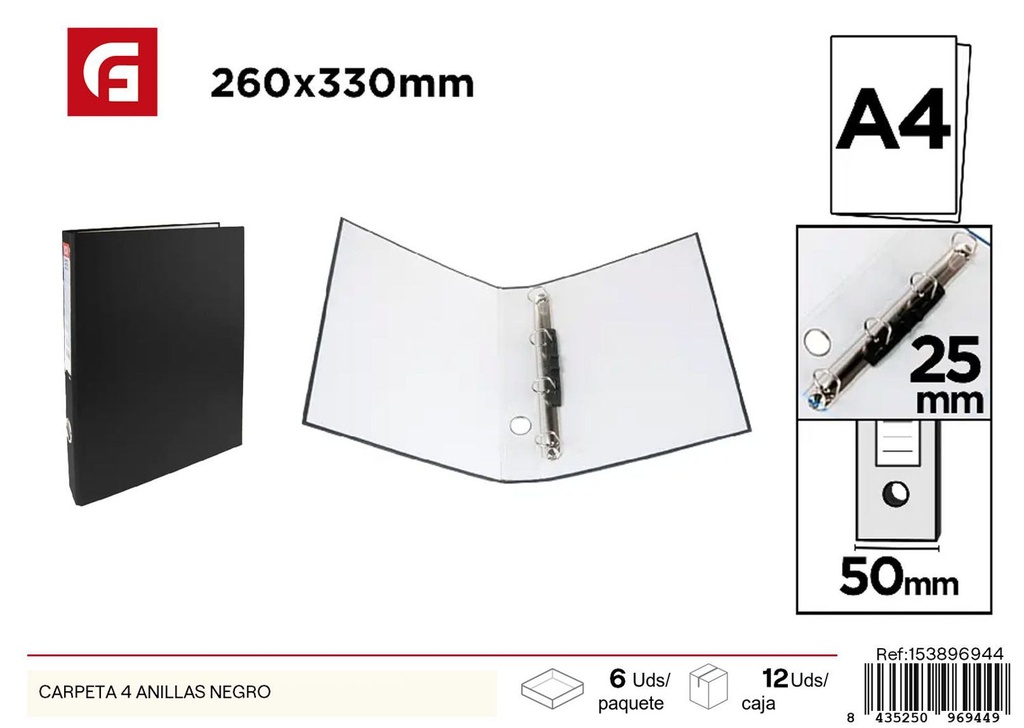 Carpeta de 4 anillas negra - Material de oficina y organizadores