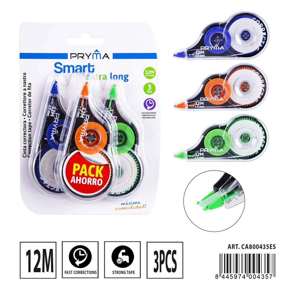 Cinta correctora económica 12mx5mm 3 piezas - Papelería escolar