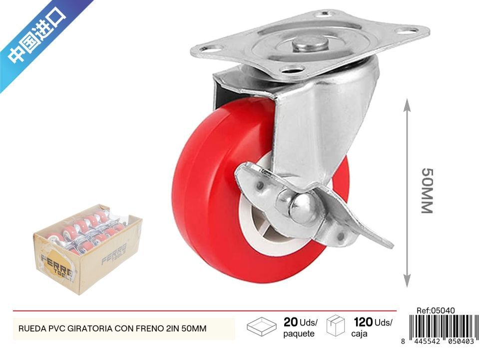 Rueda giratoria de PVC con freno 2 pulgadas (50 mm) - Accesorios de ferretería