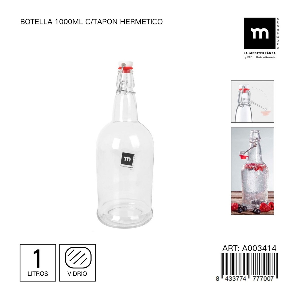Botella de vidrio 1000ml con tapa hermética - Frasco grande para líquidos