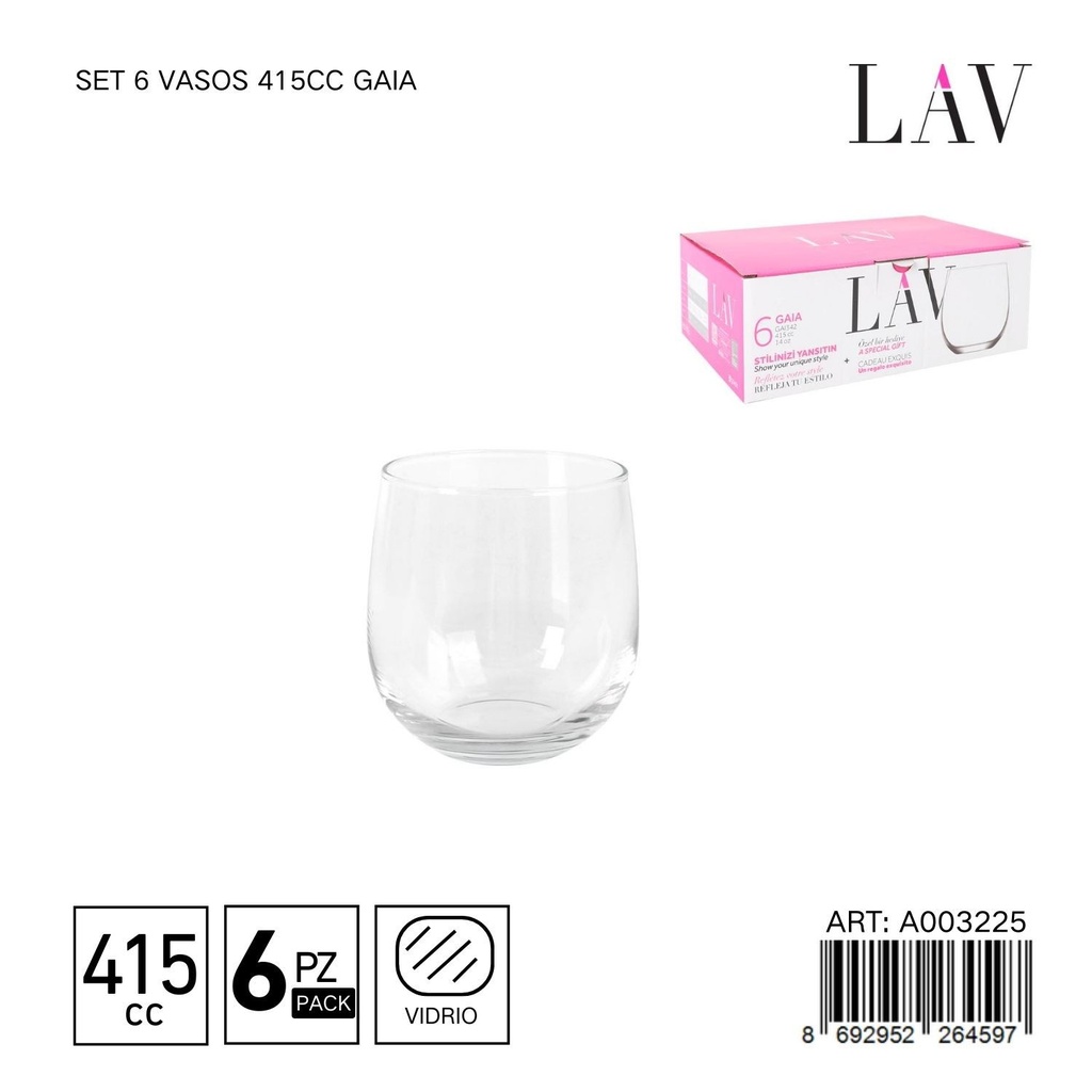 Set de 6 vasos de vidrio 415cc Gaia - Vaso elegante y resistente
