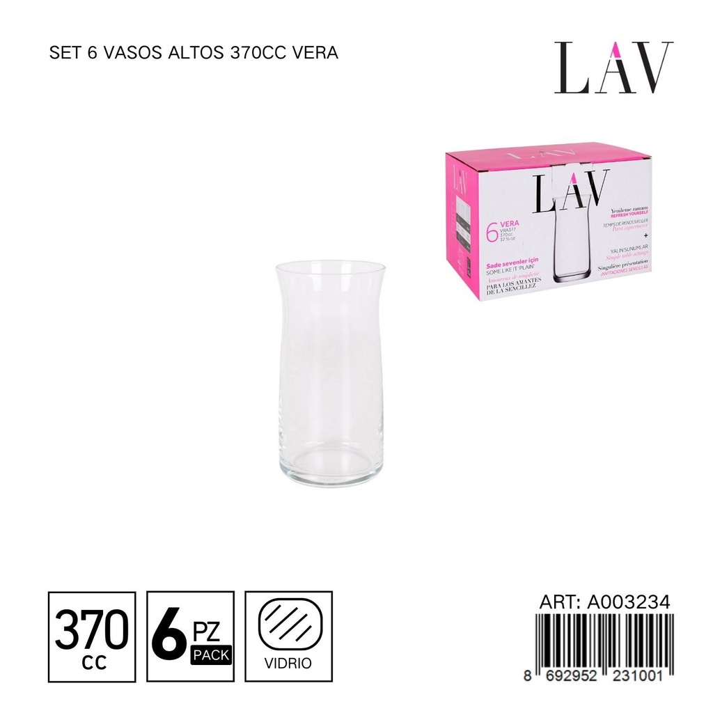 Set de 6 vasos altos 370cc Vera - Vaso alto para bebidas