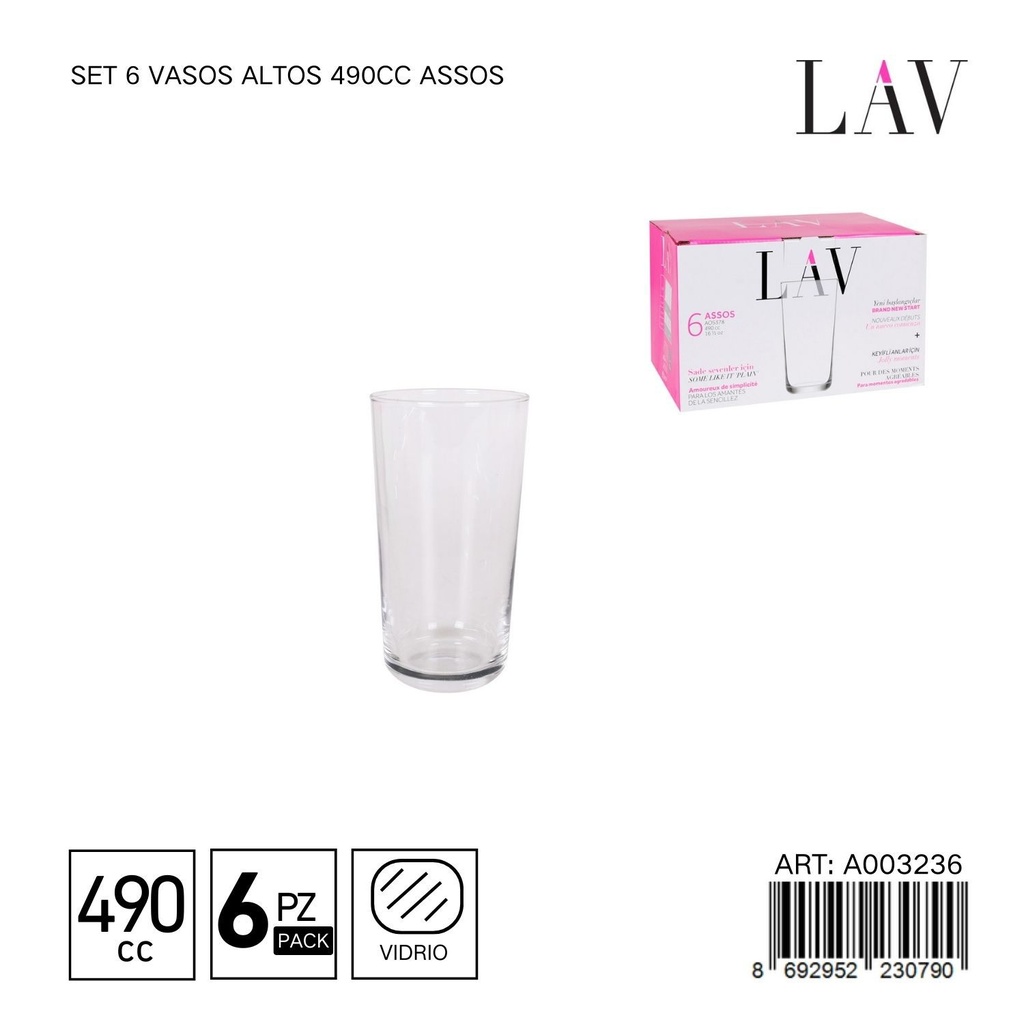 Set de 6 vasos altos 490cc Assos - Vaso alto para agua y refrescos