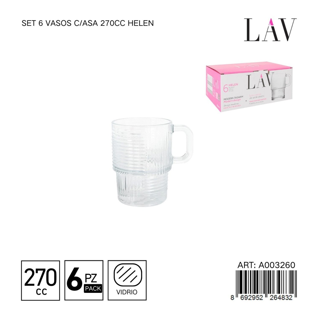 Set de 6 vasos con asa 270cc Helen - Vaso cómodo para beber