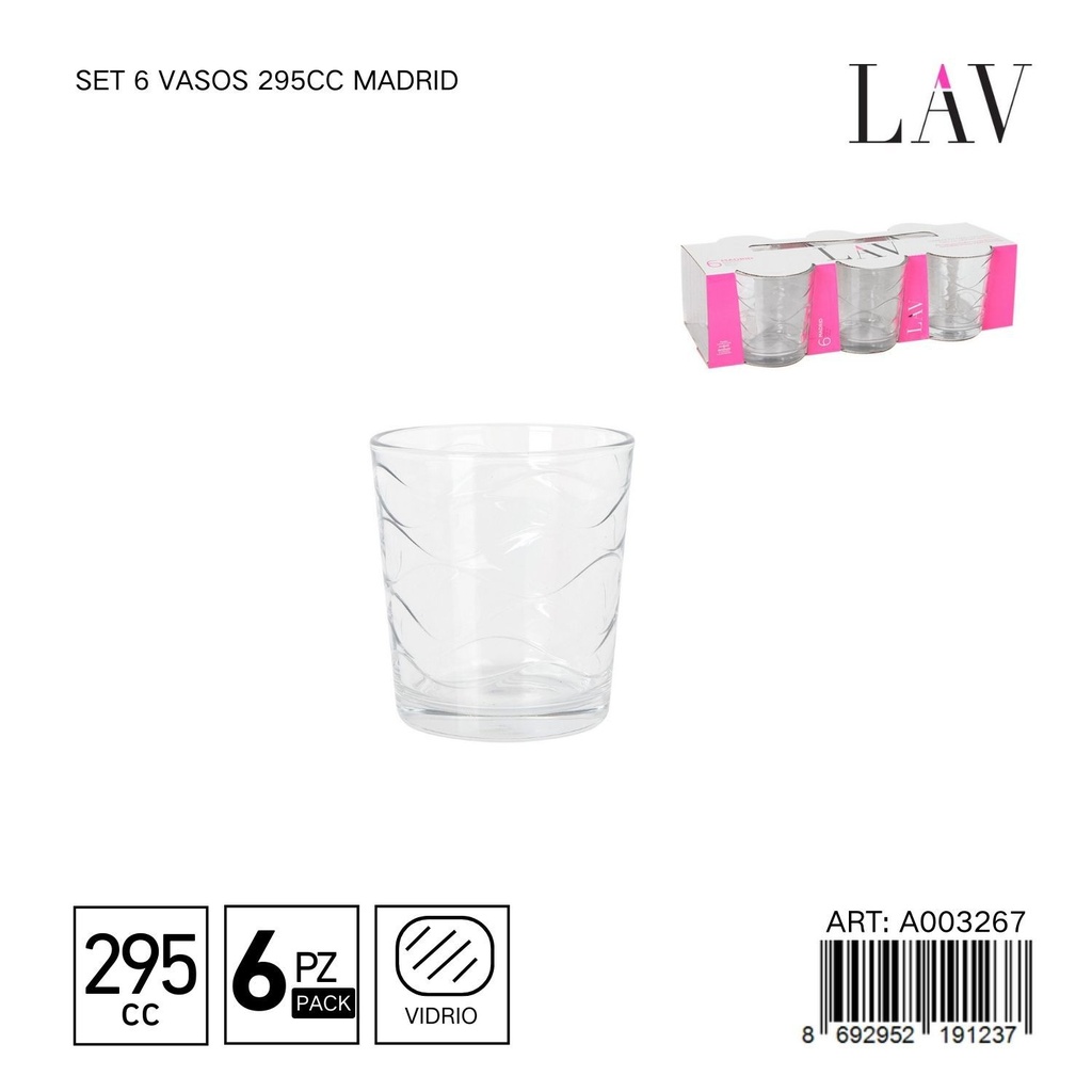 Set de 6 vasos de vidrio 295cc Madrid - Vaso estilizado para agua