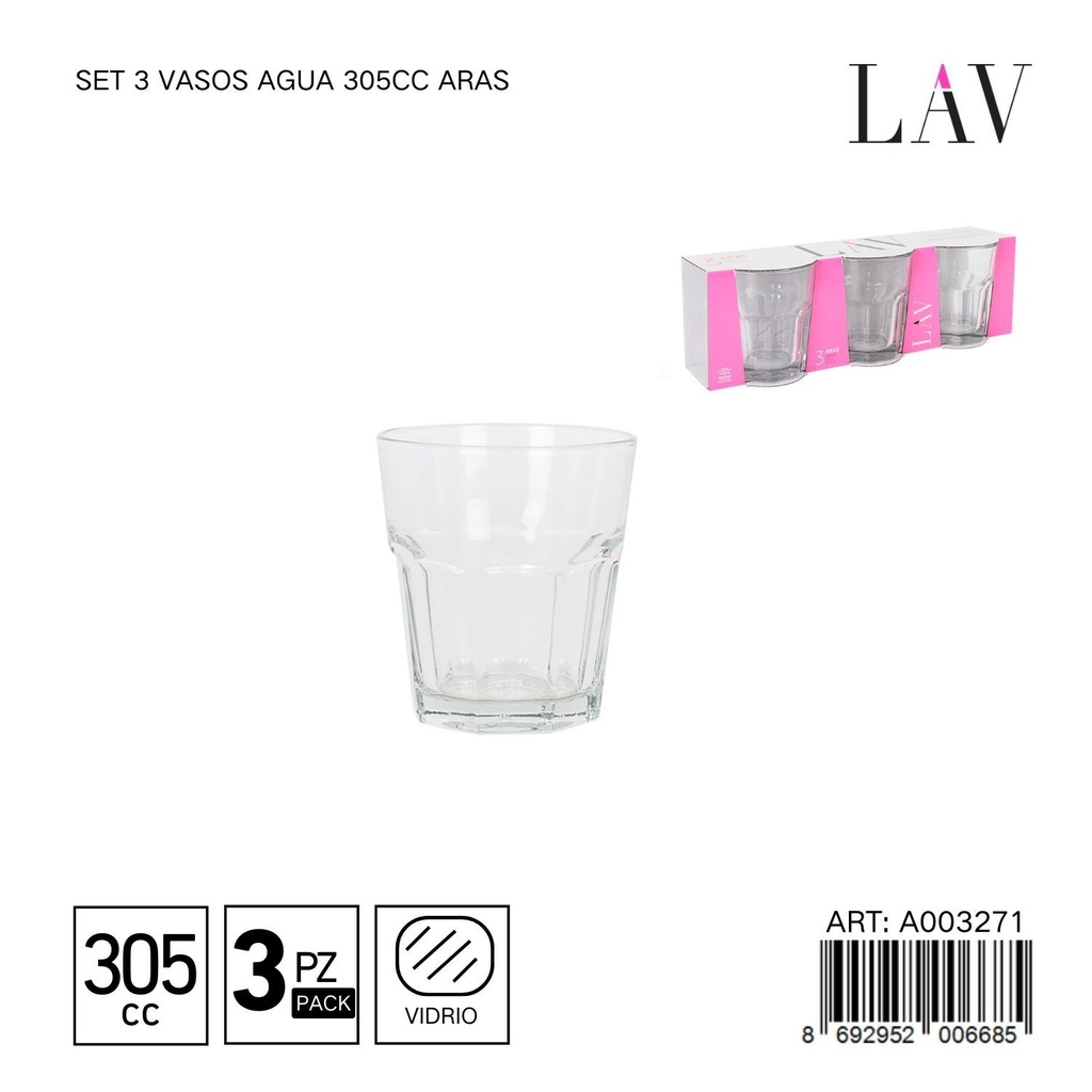 Set de 3 vasos de agua 305cc Aras - Vaso ideal para agua