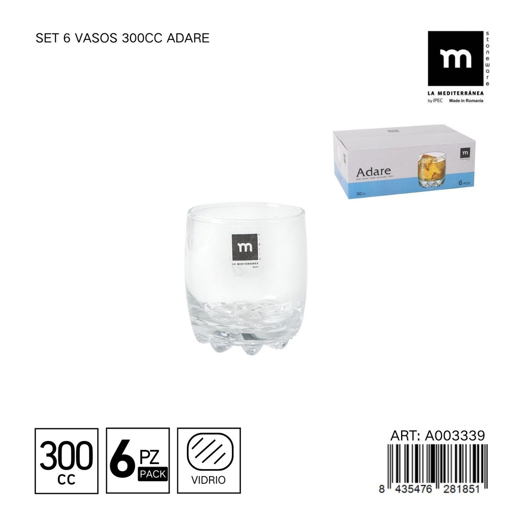 Set de 6 vasos de 300cc Adare - Vaso práctico para uso diario