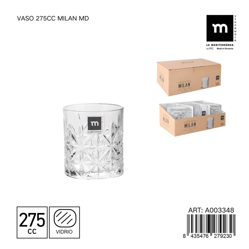 Vaso de vidrio 275CC MILAN MD - Utensilios de mesa