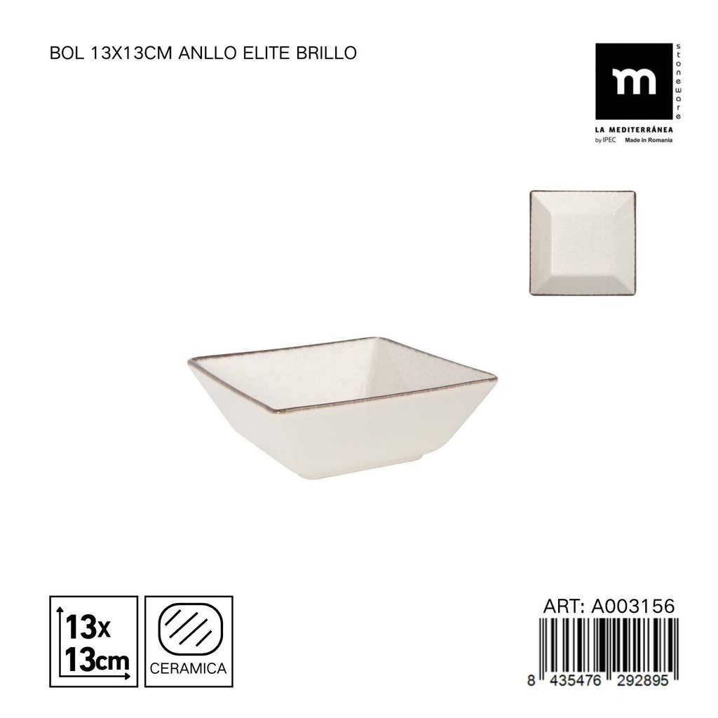 Bol de cerámica 13x13cm Anllo Elite Brillo - Versátil para servir alimentos