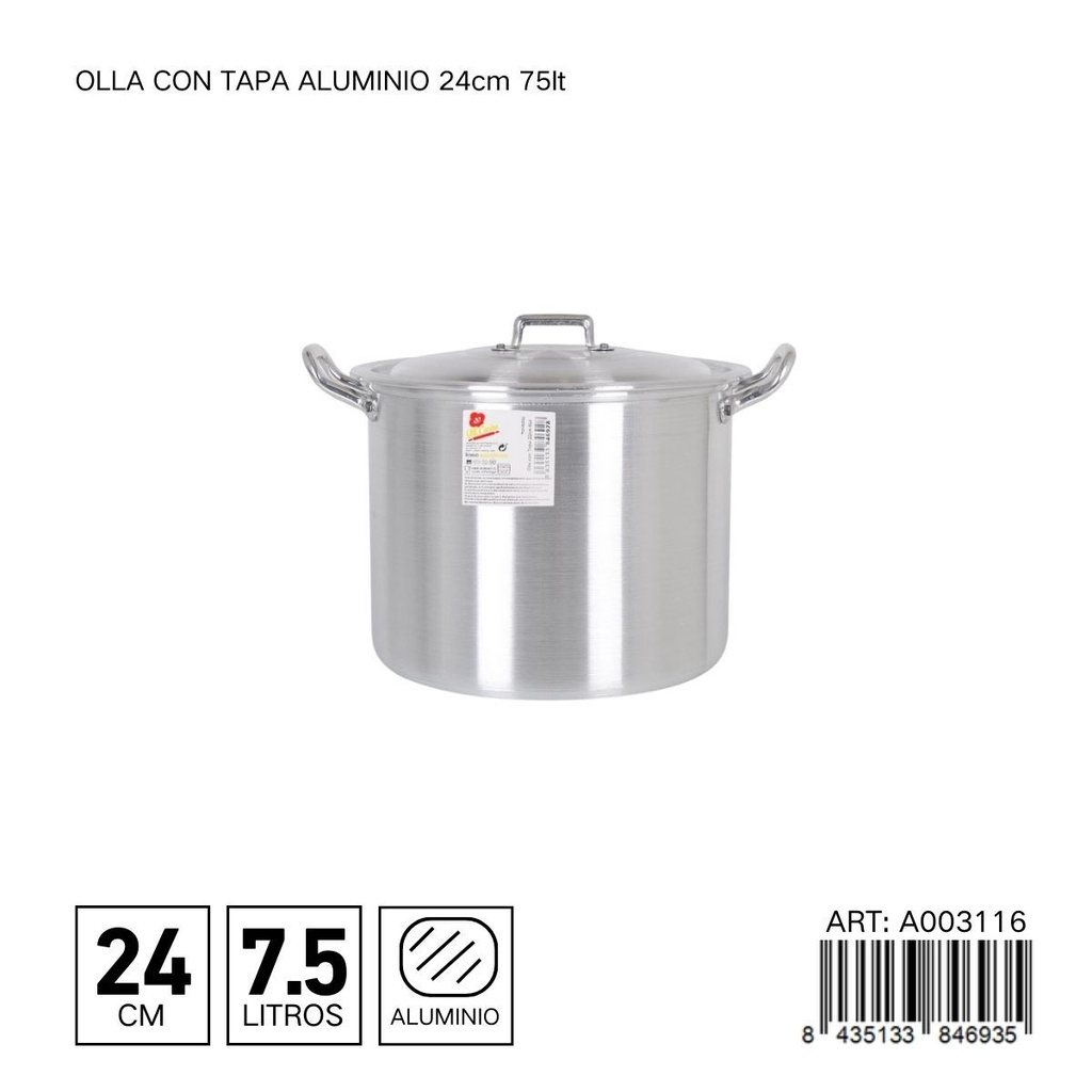 Olla de aluminio con tapa 24 cm 7.5L - Ollas y cafeteras