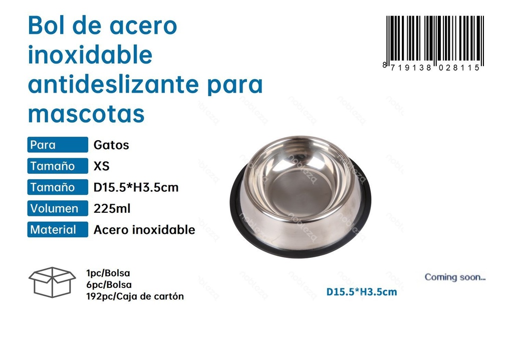 Bol de acero inoxidable antideslizante para mascotas - Comederos y accesorios para el cuidado