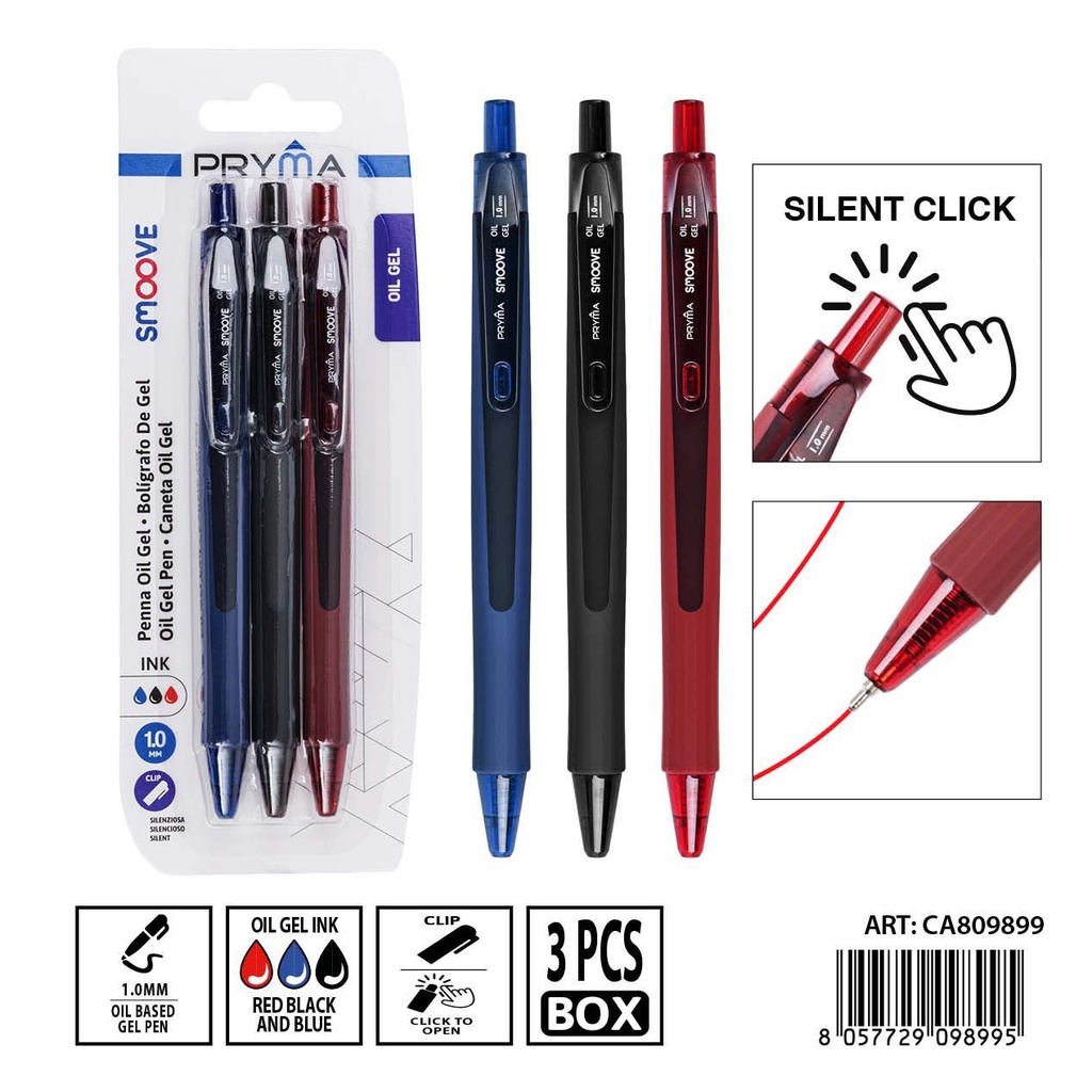 Bolígrafo gel clip silenciosos 1 mm 3 pcs surtido - Utensilios de escritura