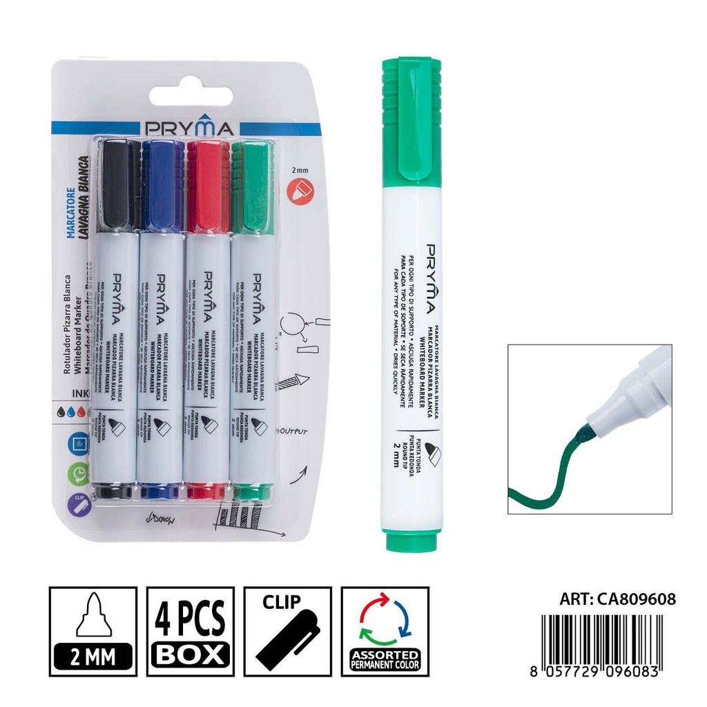 Set de 4 marcadores de pizarra blanca PRYMA de 2 mm en negro, rojo, azul y verde - Herramientas de escritura