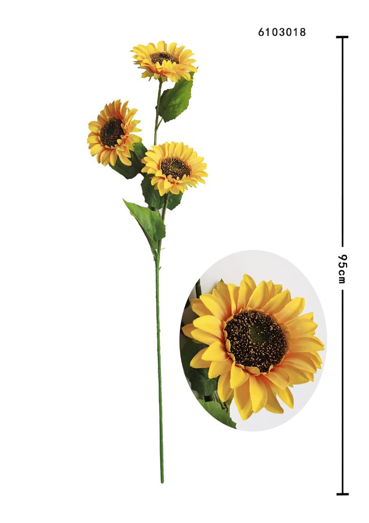 Rama de girasol artificial con 3 cabezas 95 cm - Decoración floral con girasoles 