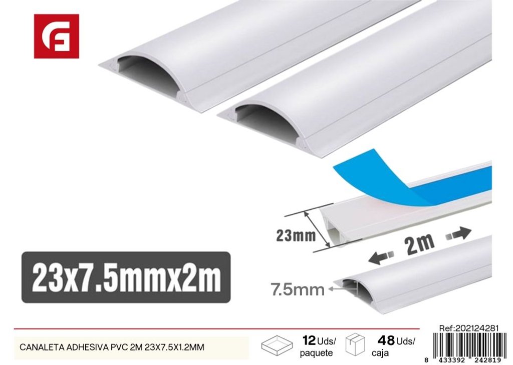 Canaleta adhesiva PVC 2m 23x7.5x1.2mm - Protección de cables para ferretería