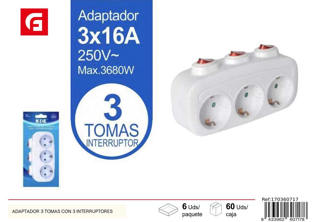 Adaptador de enchufe 3 tomas con 3 interruptores - Electricidad y adaptadores de enchufe