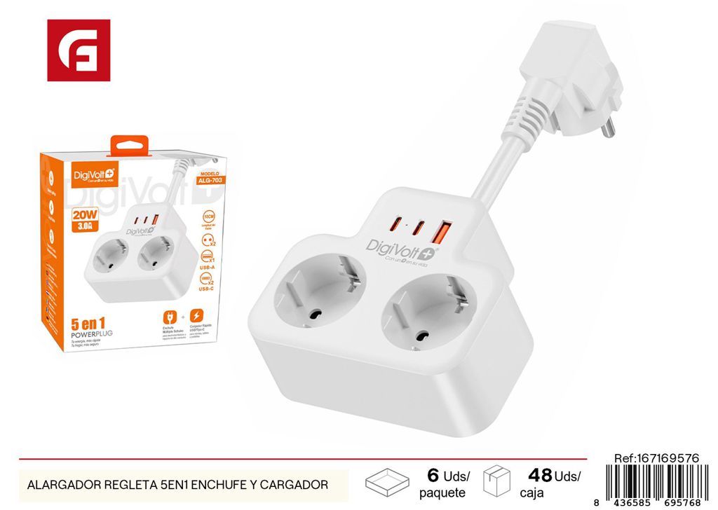 Alargador regleta 5 en 1 con enchufe y cargador - Electricidad y regletas