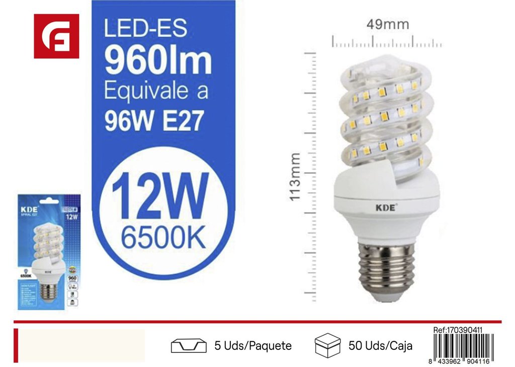 Bombilla LED espiral 12W E27 luz fría - Iluminación y bombillas LED