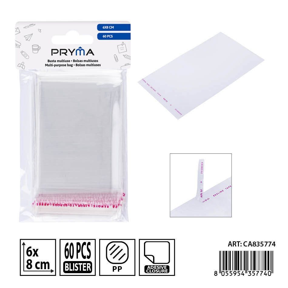 Pack de 100 bolsas OPP 6x8 cm PRYMA con cierre adhesivo - Práctico para organización