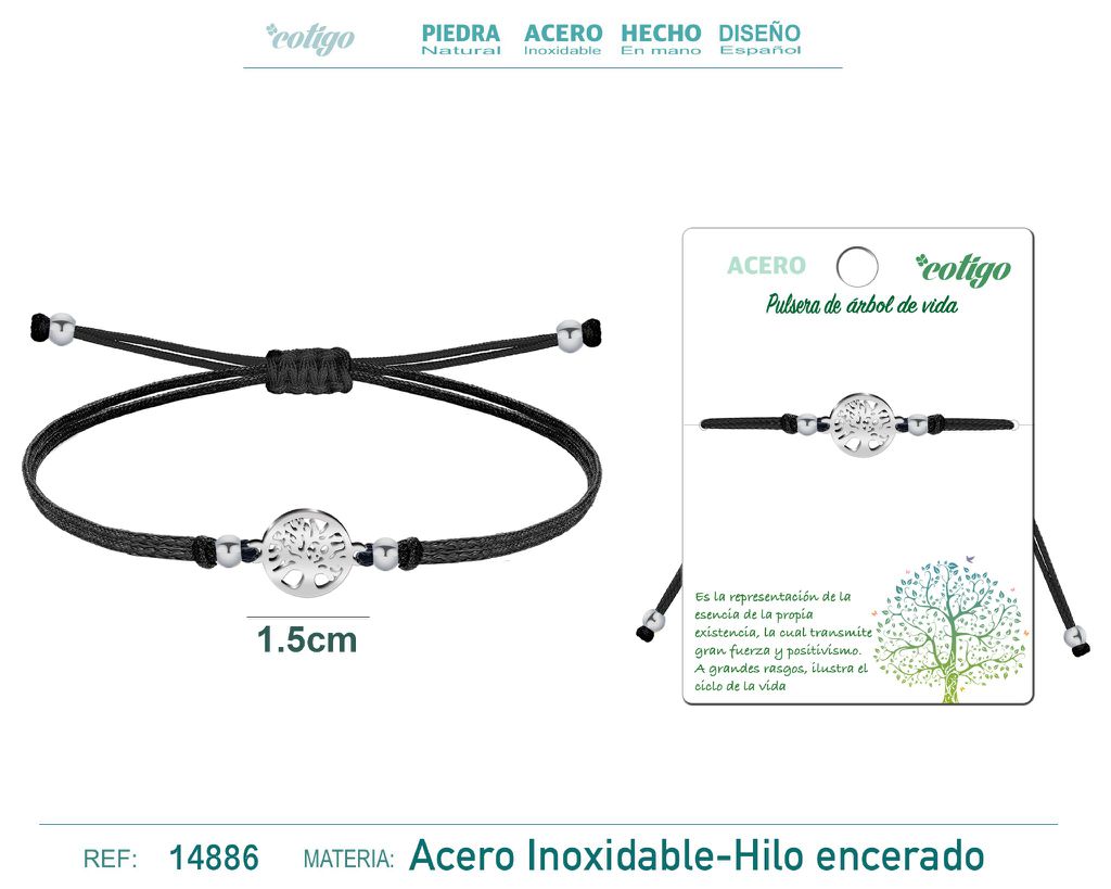 Pulsera de hilo encerado negra con árbol de la vida en acero plateado - Accesorios de bisutería