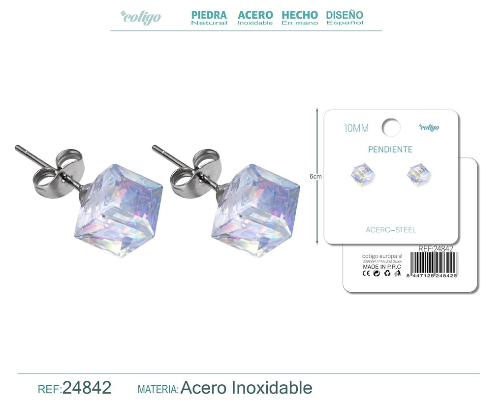 Pendiente de cristal cuadrado 10mm con accesorio de acero - Accesorios de bisutería