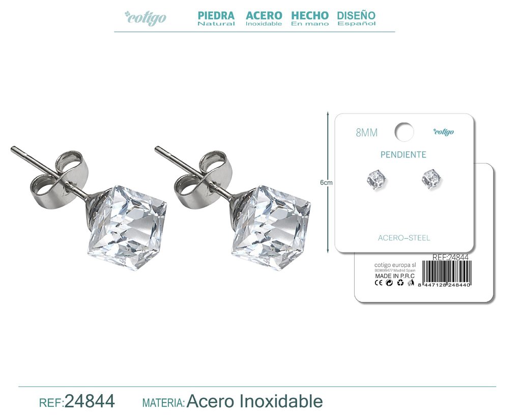 Pendiente de cristal cuadrado 8mm con accesorio de acero - Accesorios de bisutería