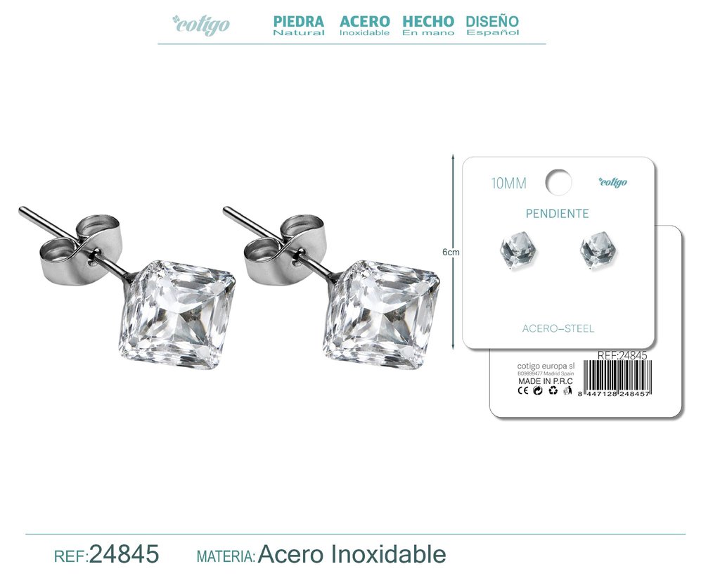 Pendiente de cristal cuadrado 10mm con accesorio de acero - Accesorios de bisutería