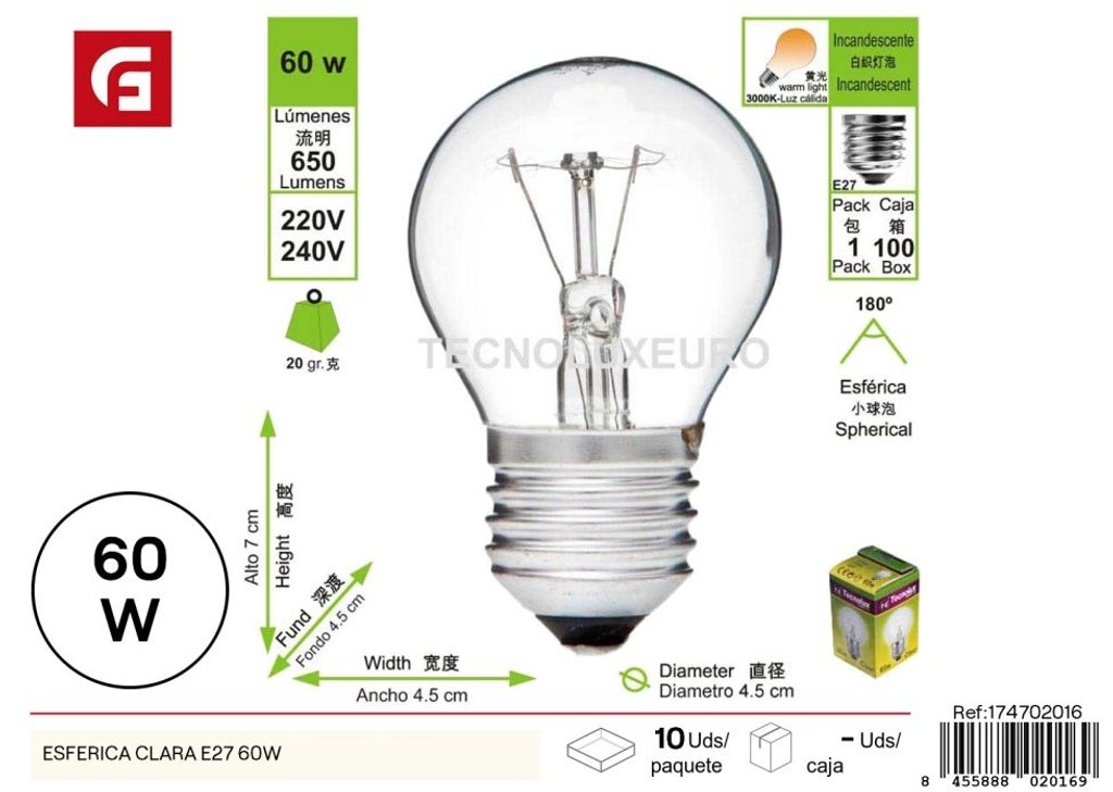 Bombilla esférica E27 60W - Iluminación LED para el hogar