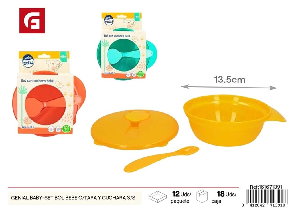 Set de tazón para bebé con tapa y cuchara 3 unidades - Genial Baby