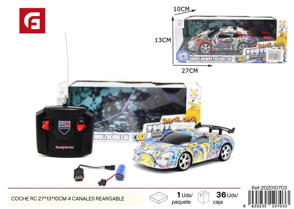 Coche RC recargable 27x13x10 cm, 4 canales - Juguete de control remoto